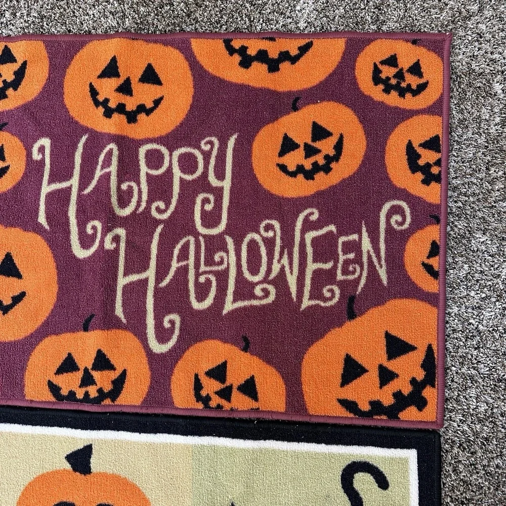 Lot of 2 Halloween Accent Rugs Doormats Pumpkins, Ghosts, Witch, Black Cat 45x26